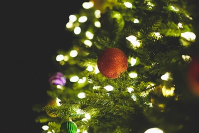 橙色球装饰绿色圣诞树
